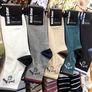 韩国新款男士棉袜VIVID复古英伦风拼色跟笑脸字母中筒男袜子5133