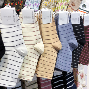 韩国新款 女袜东大门细条纹中筒女袜EMPOLE松边日搭潮棉袜6054