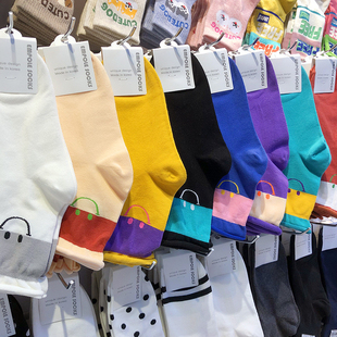 韩国进口袜子治愈系笑脸少女袜多巴胺撞色小卷边中筒学生棉袜6049