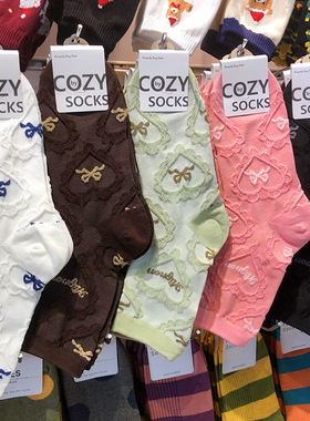 韩国COZY法式蝴蝶结女生棉袜浮雕蕾丝心形洛丽塔少女袜子中筒4149