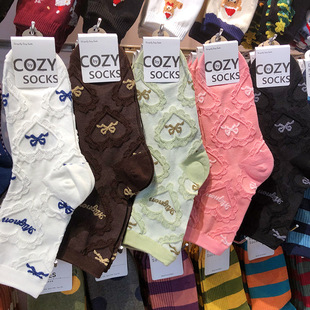 韩国COZY法式 蝴蝶结女生棉袜浮雕蕾丝心形洛丽塔少女袜子中筒4149
