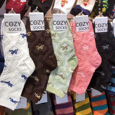 韩国COZY法式蝴蝶结女生棉袜浮雕蕾丝心形洛丽塔少女袜子中筒4149