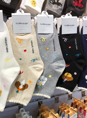 韩国袜子女可爱植绒猫咪小狗卡通袜少女中筒木耳花边棉袜9237