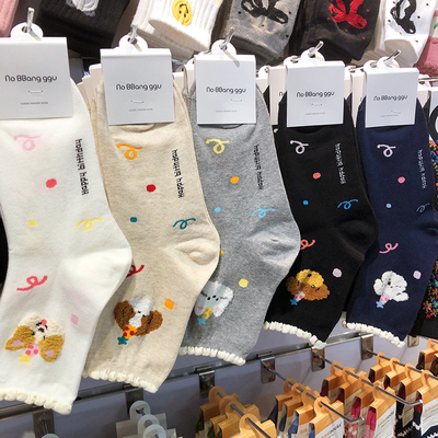 韩国袜子女可爱植绒猫咪小狗卡通袜少女中筒木耳花边棉袜9237