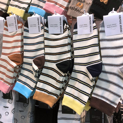 韩国新款袜子EMPOLE条纹女生棉袜多巴胺拼色中筒日系春夏女袜6102