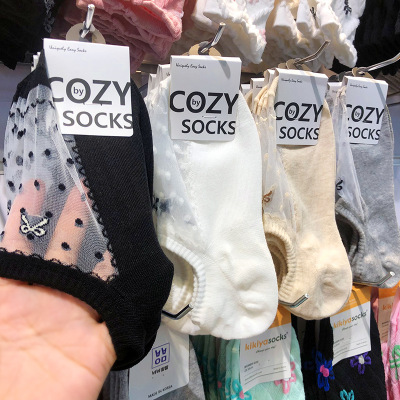 韩国夏季水晶丝船袜COZY蝴蝶结网纱波点女生短袜薄棉防脱隐形4126