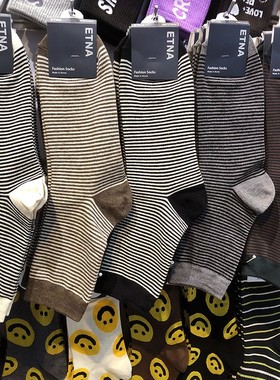 韩国ETNA时尚新款细条纹男士中筒袜东大门进口拼色运动棉袜3038