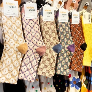 韩国kikiya复古浮雕中筒袜女袜甜美长筒袜钩花菱形格子棉袜子1062
