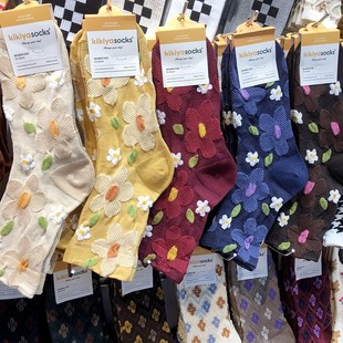 韩国时尚新款女袜子法式复古花朵中筒袜艺术潮搭薄款浮雕袜1071