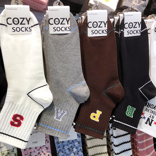 韩国进口男士棉袜COZY中筒细条纹字母运动男袜吸汗精梳棉袜子4070
