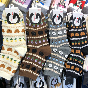 韩国进口glalalane森系少女袜植绒小熊花朵棉袜卡通风中筒袜7055