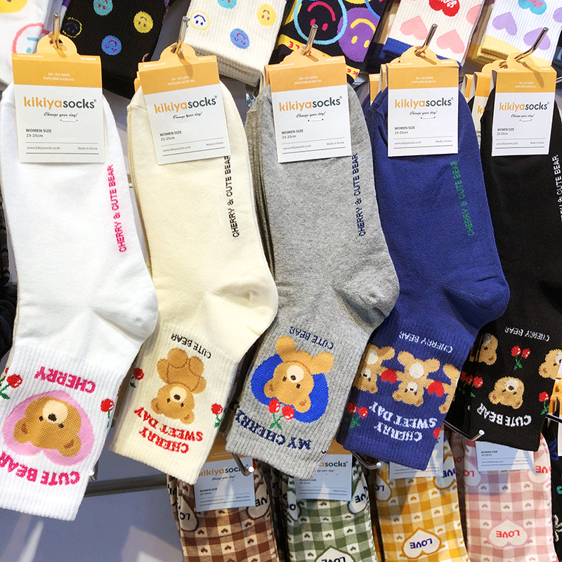 韩国kikiya中筒袜子日系甜美风少女棒球袜樱桃小熊卡通字母款1111