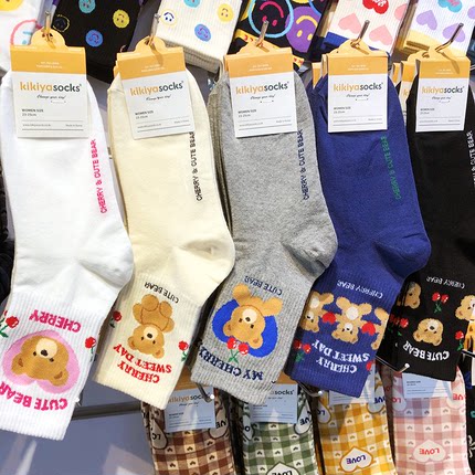 韩国kikiya中筒袜子日系甜美风少女棒球袜樱桃小熊卡通字母款1111