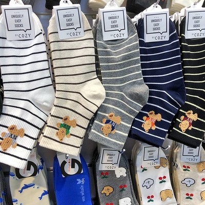cozy条纹女生中筒棉袜韩国进口