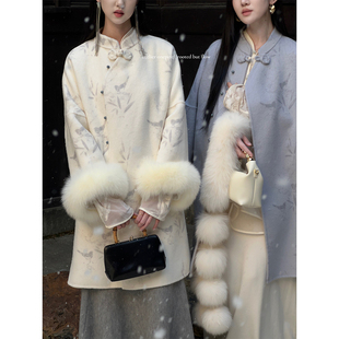 竹纹印花全狐狸毛袖 新中式 口双面羊毛呢大衣 Onepire Atelier