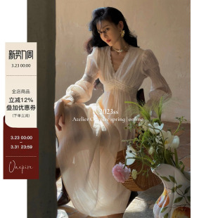 现货 白茶千层褶皱肌理法式 Onepire tea 花边连衣裙 White