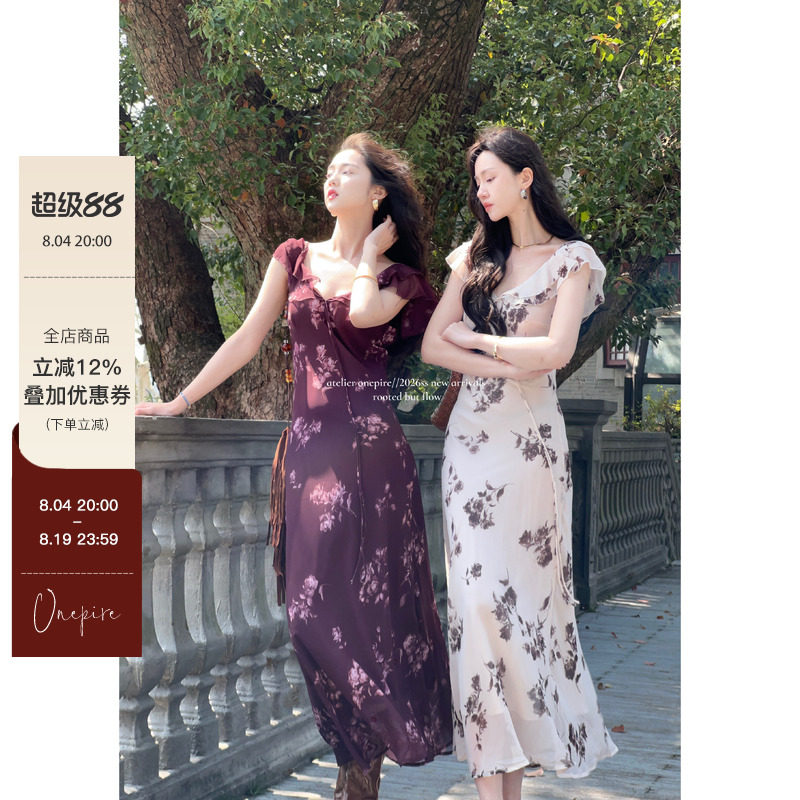 【现货】Onepire|《清迈花事》V领荷叶边斜裁显瘦雪纺印花连衣裙