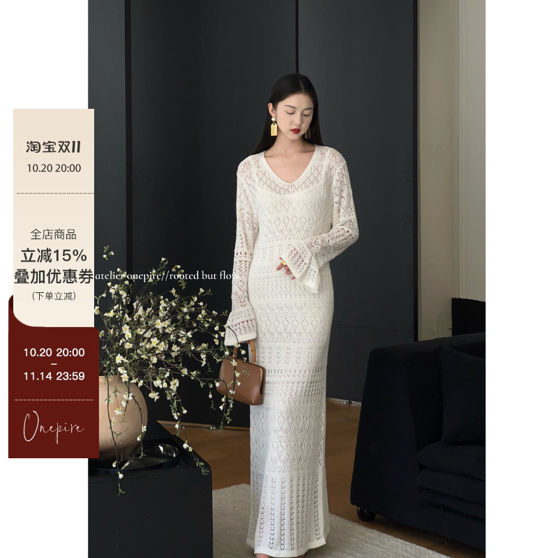 【现货】Onepire|《月下素笺》chao重工钩花荷叶袖连衣裙(送内搭