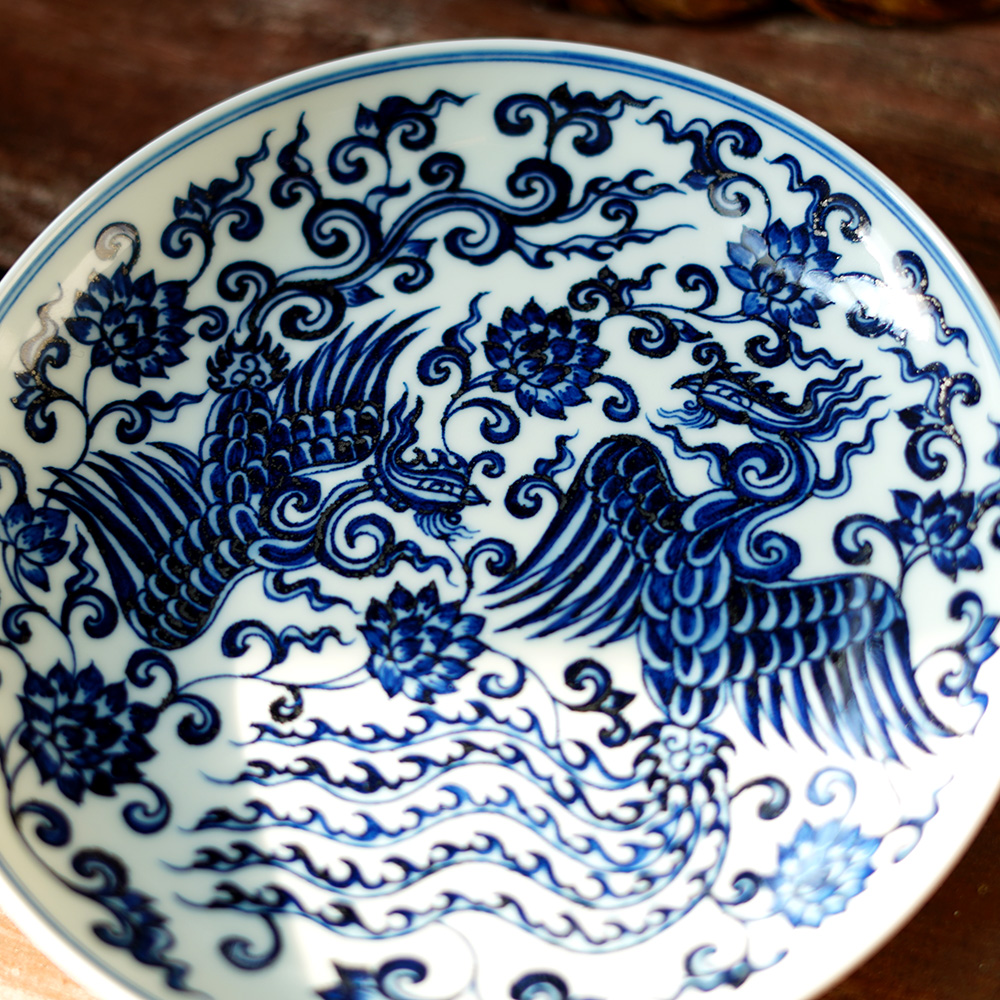 景德镇手工手绘青花缠枝双凤壶承---17cm