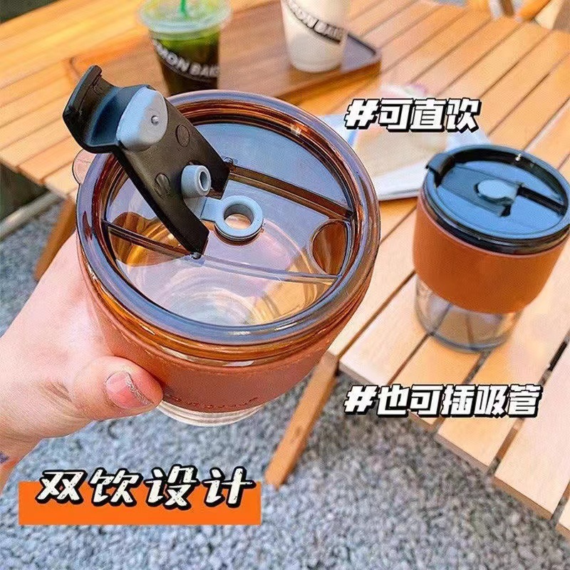 ins风高颜值夏季水杯玻璃杯咖啡杯竹节杯吸管杯皮套吸管杯子一套