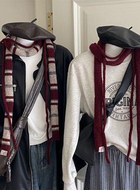 古早风围脖秋冬新款腊肠长条挂脖围巾棕色系拼色百搭围巾女条纹