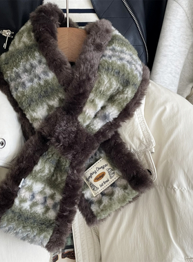冬季新款复古费尔岛风围巾毛绒软乎乎交叉女围脖保暖御寒毛领女士