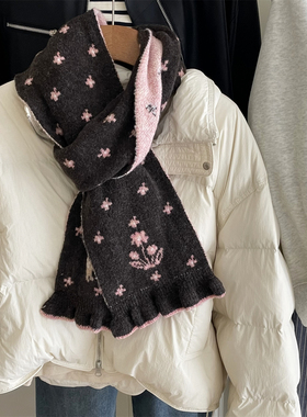 买手店款温柔小鹿碎花针织围巾女冬季保暖双面围脖小众少女感花边