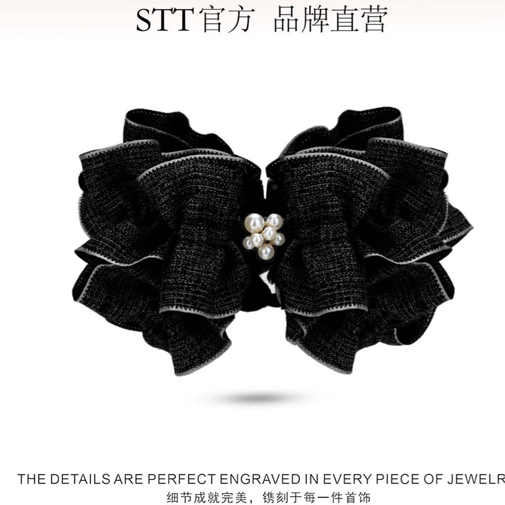 STT韩国小香风珠缀墨褶蝴蝶结发夹女时尚千金风高马尾香蕉夹头饰