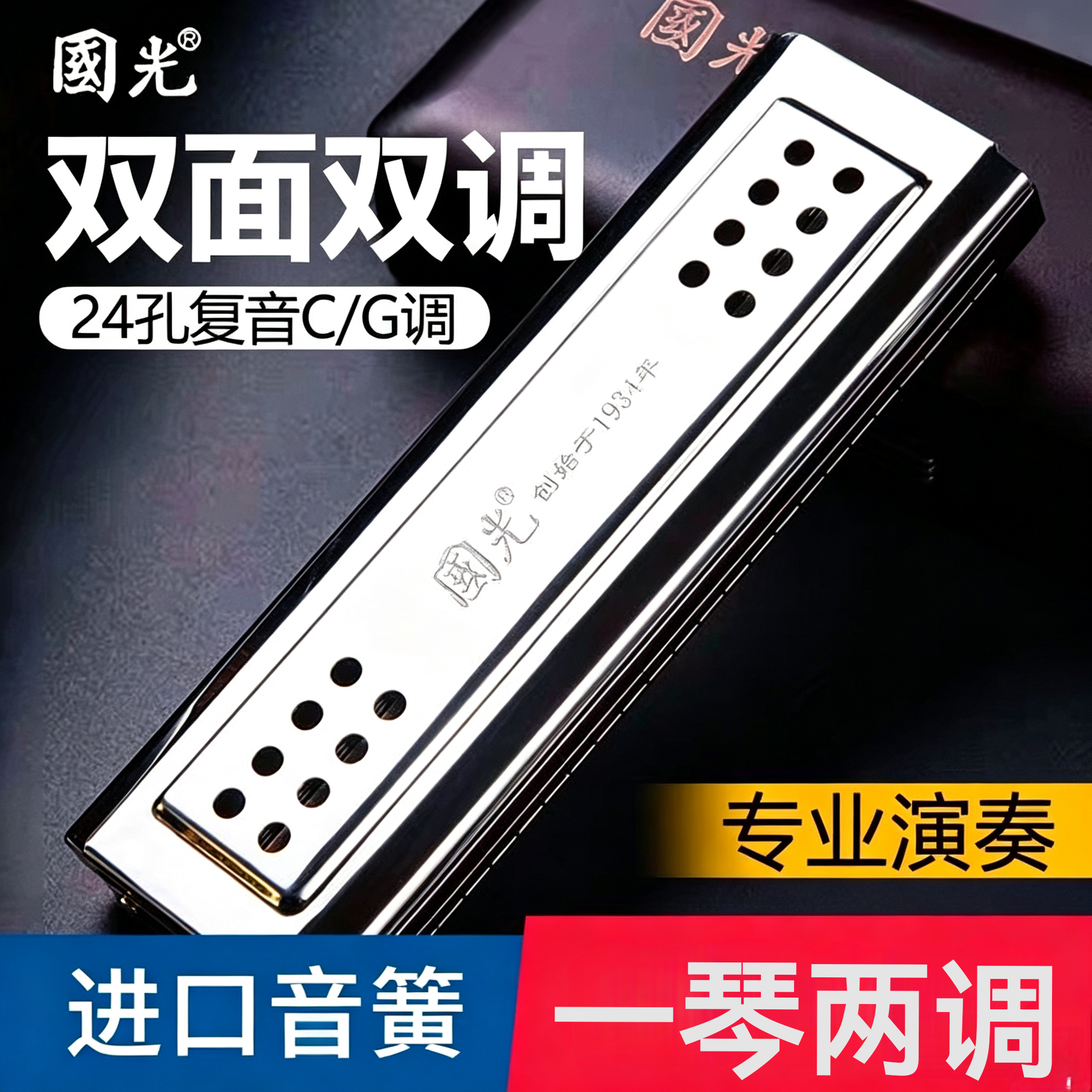 国光正品专业演奏双面双调24孔复音口琴C调G调