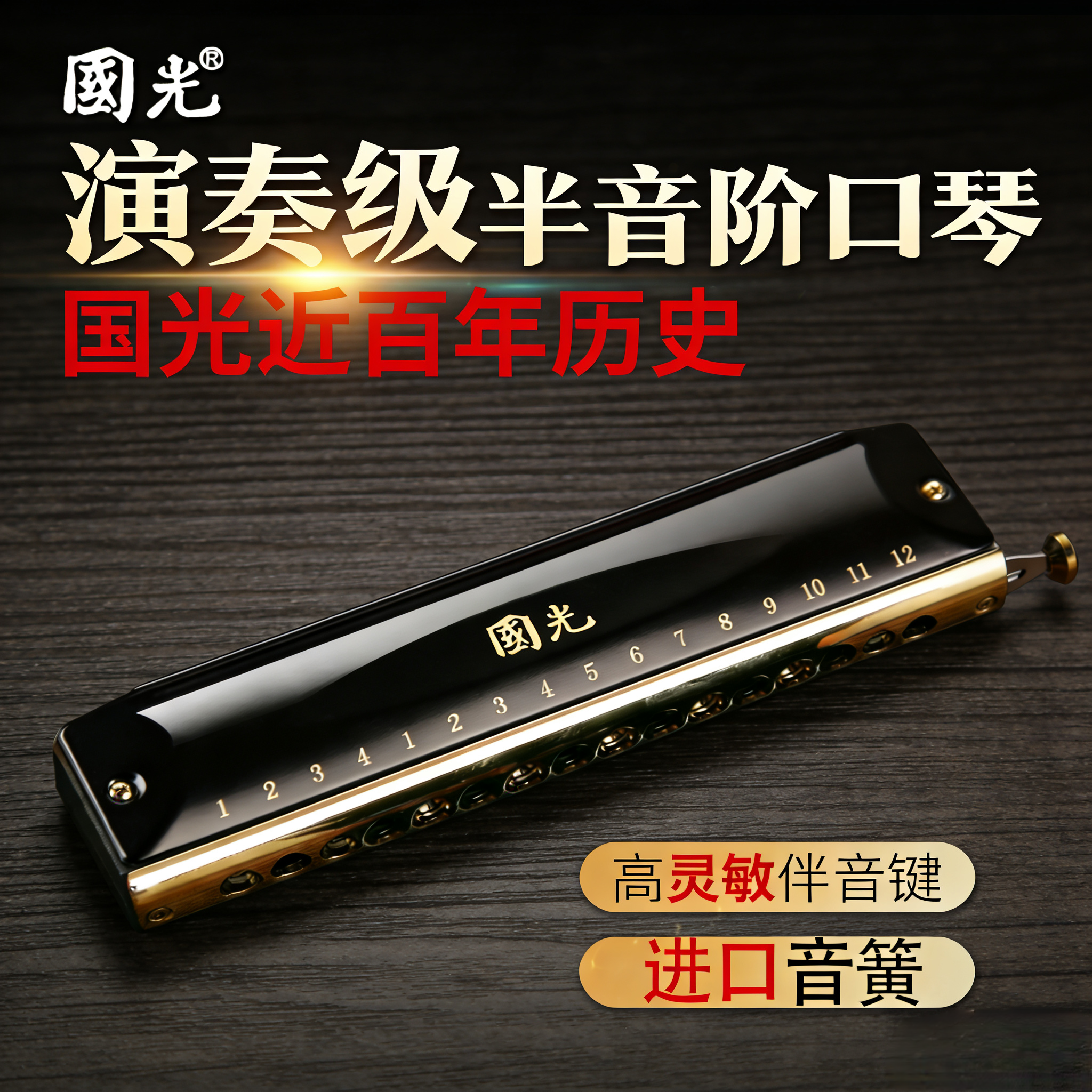 国光演奏级半音阶口琴进口音簧高灵敏伴音键百年级历史