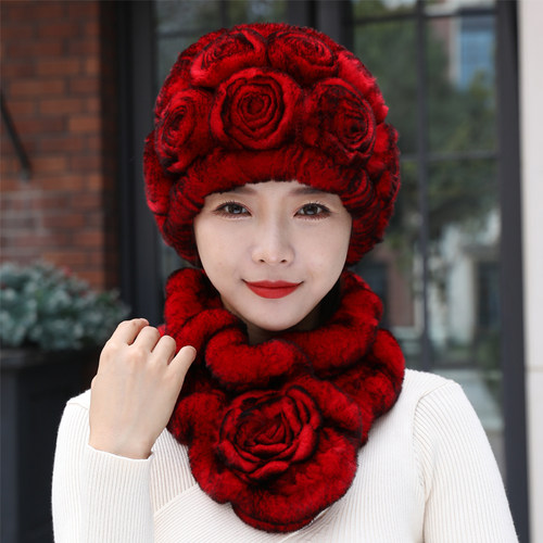 獭兔毛皮草中老年护耳帽子围巾