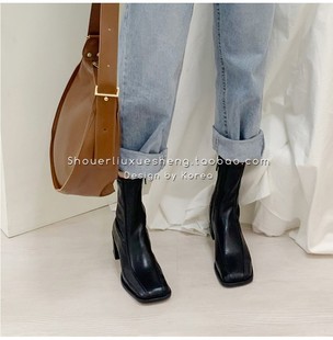 简约高级感女靴 韩国ins小众方头粗跟侧拉链气质短靴东大门时尚