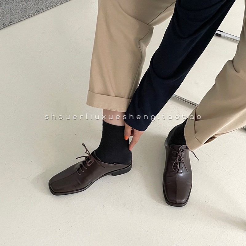 韩国东大门复古显瘦方头系带英伦风小皮鞋子踩脚两穿低跟单鞋女潮