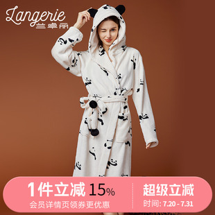 款 兰卓丽女士睡袍连帽熊猫印花法兰绒舒适轻盈睡衣保护暖衣秋冬季