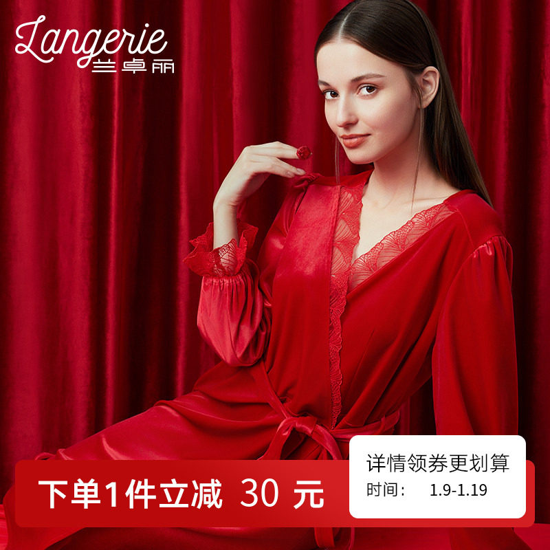 兰卓丽丝绒睡袍女士中长款新年红色秋冬家居服新娘长袖花边睡衣,女士内衣/男士内衣/家居服,睡袍/浴袍,淘宝优惠券,粉丝福利购,淘宝优惠卷