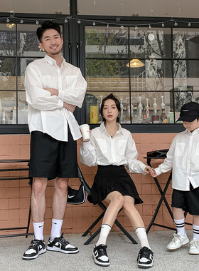 白色长袖衬衫亲子装春秋百搭一家三四口衬衣洋气打底简约纯棉外套