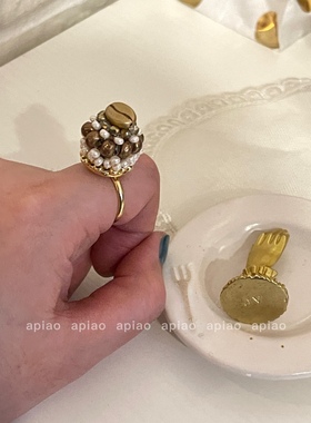 apiao【圣多诺黑】原创法甜日系复古限量进口珠手工开口戒指
