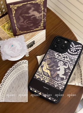 apiao原创自制法式复古天使蕾丝印花镜面磁吸手机壳苹果17Promax