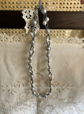 apiao手作双层爆闪真多麻法式复古项链扭扭珍珠项链时尚锁骨链