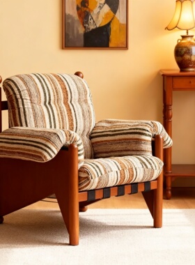 复古实木条纹手工雕刻单人沙发椅