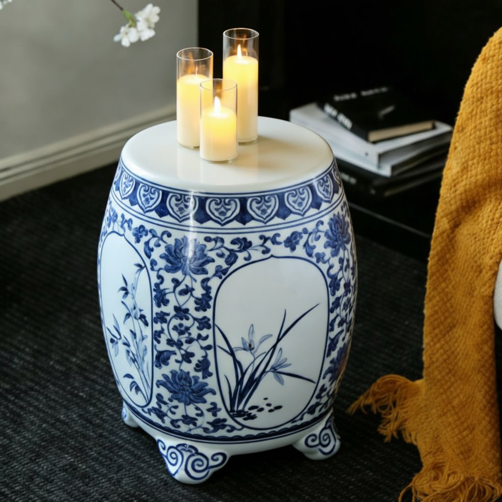 新中式青花瓷风陶瓷凳子植物花卉图案多功能储物凳圆凳