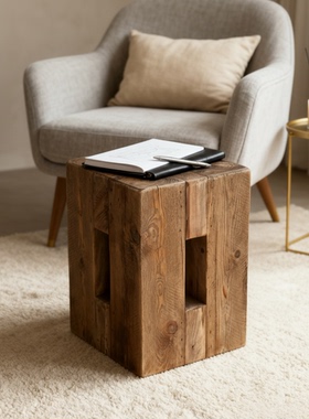 侘寂风实木几何边几客厅收纳