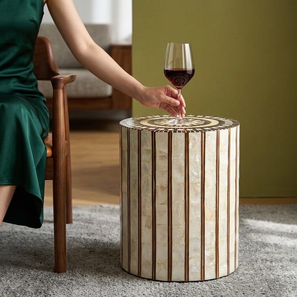 轻奢风木质镶嵌装饰鼓墩客厅多功能海洋生物纹样条纹圆凳