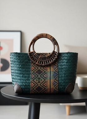民族风复古藤编托特包收纳摆件