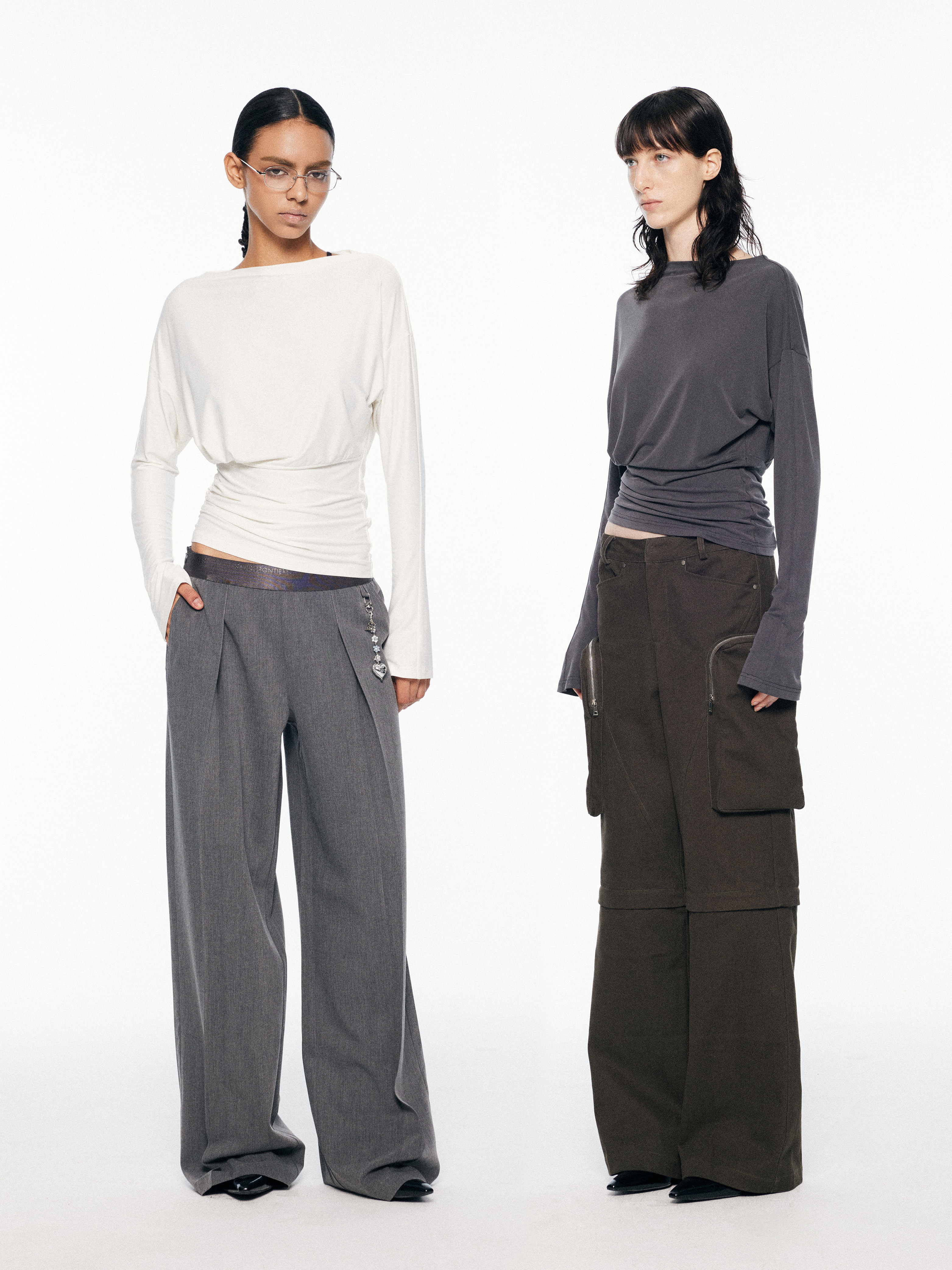 SansFrontieres 金靖同款 船领落肩喇叭袖收腰设计长袖T恤