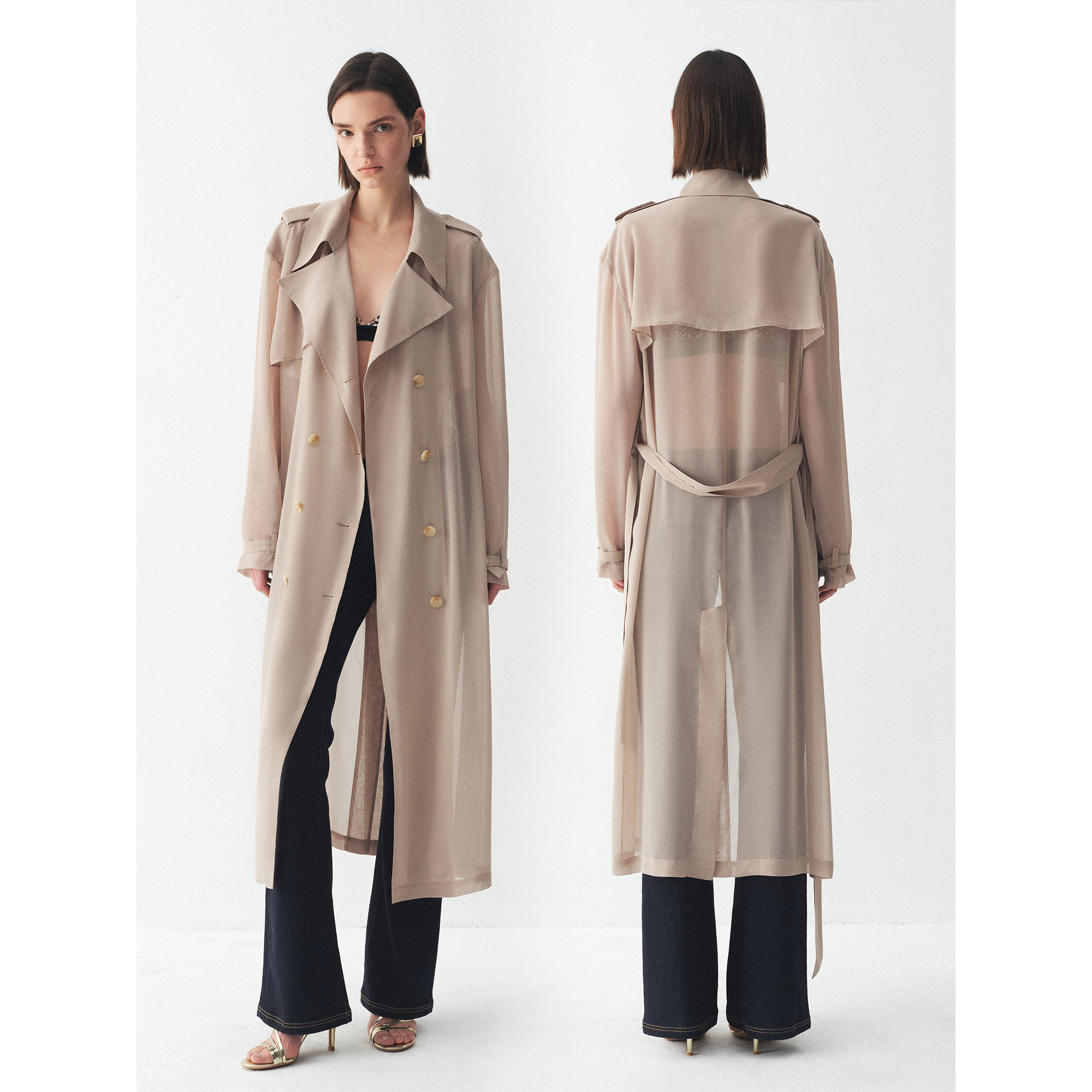 Sans Frontieres 呼吸感轻薄雪纺系带落肩长款休闲防晒风衣外套