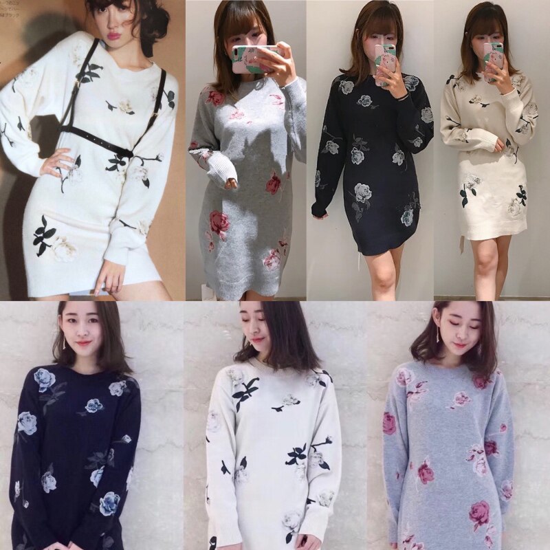 小嶋阳菜秋冬杂志款日系甜美刺绣玫瑰花中长款针织毛衣裙连衣裙女