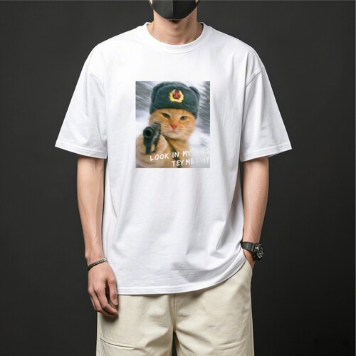 LOOK IN MY EYES 酷猫咪宠物T恤定制印图夏季纯棉宽松半袖支持diy