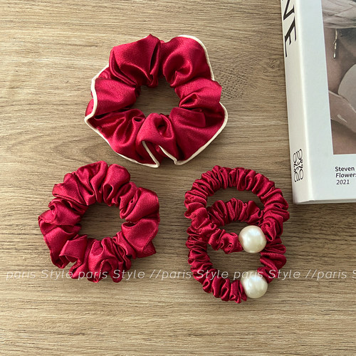 新年红色大肠发圈女珍珠头绳扎头