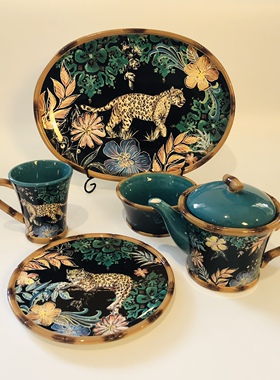 美式餐具豹子茶壶不规则手绘托盘杯子8.5英寸圆盘平盘椭圆盘